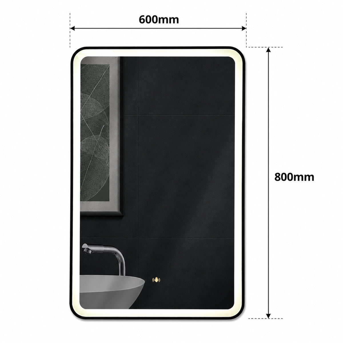 ENER-J Black Framed LED Bathroom Mirror 600x800mm – Hand Wave Sensor, 3 Colour Dimmable Front Light, Anti-Fog Demister, Aluminium Frame