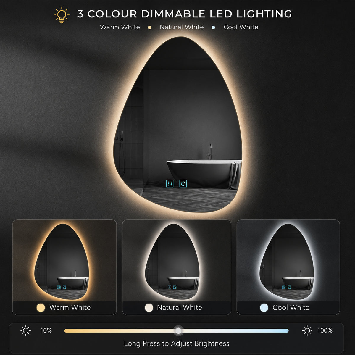 A smart LED lighted mirror with an organic teardrop shape, shown in a dark bathroom setting with a bathtub visible in the reflection. The image features three color options for the LED light border: Warm White, Natural White, and Cool White, displayed in a row at the bottom.