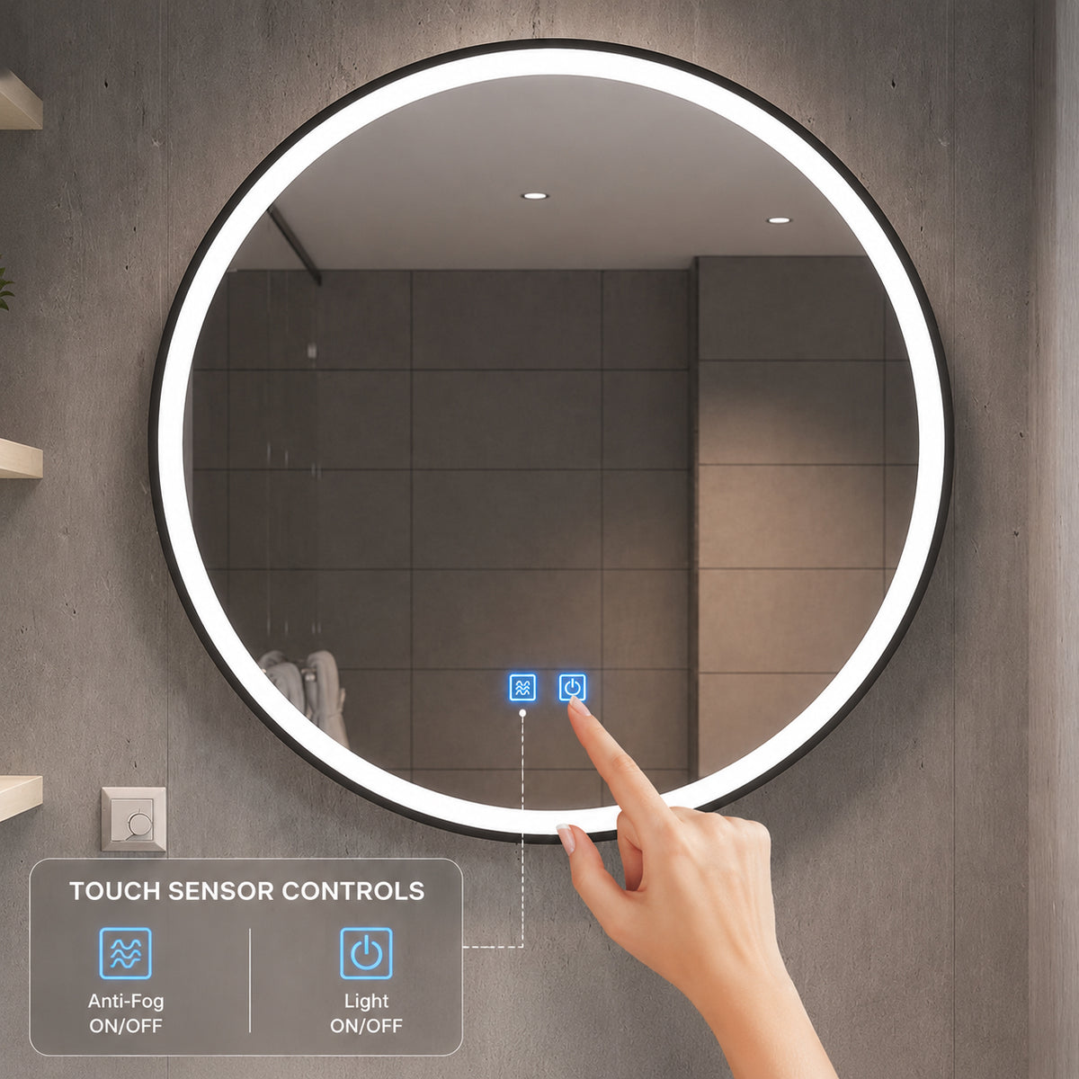 ENER-J Round LED Bathroom Mirror 700mm – Black Aluminium Frame, Backlit, 3 Colour Dimmable Light, Anti-Fog, Touch Sensor
