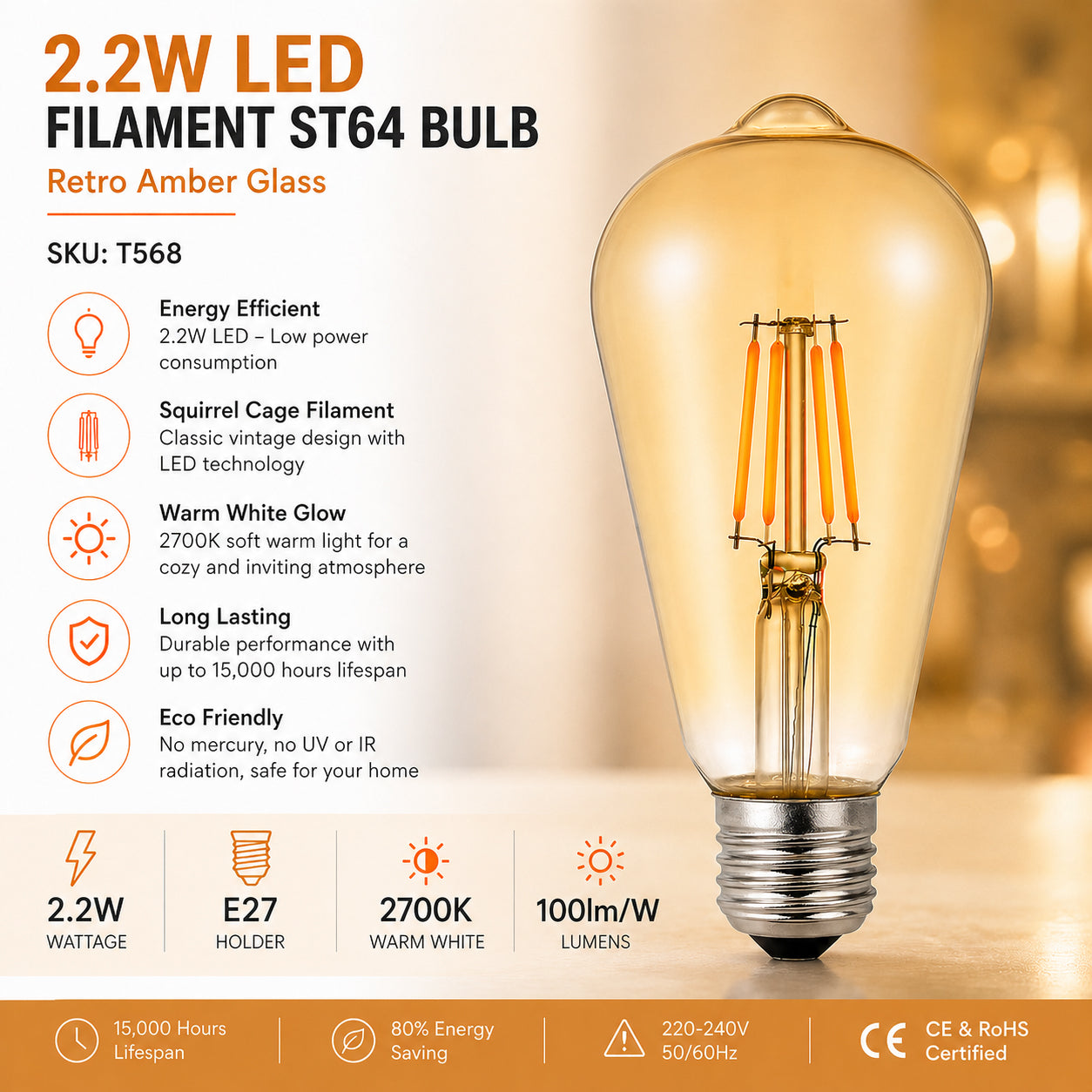 4W ST64 LED Filament Squirrel Cage Retro Amber Glass, E27 Holder, 2700K-Pack of 10