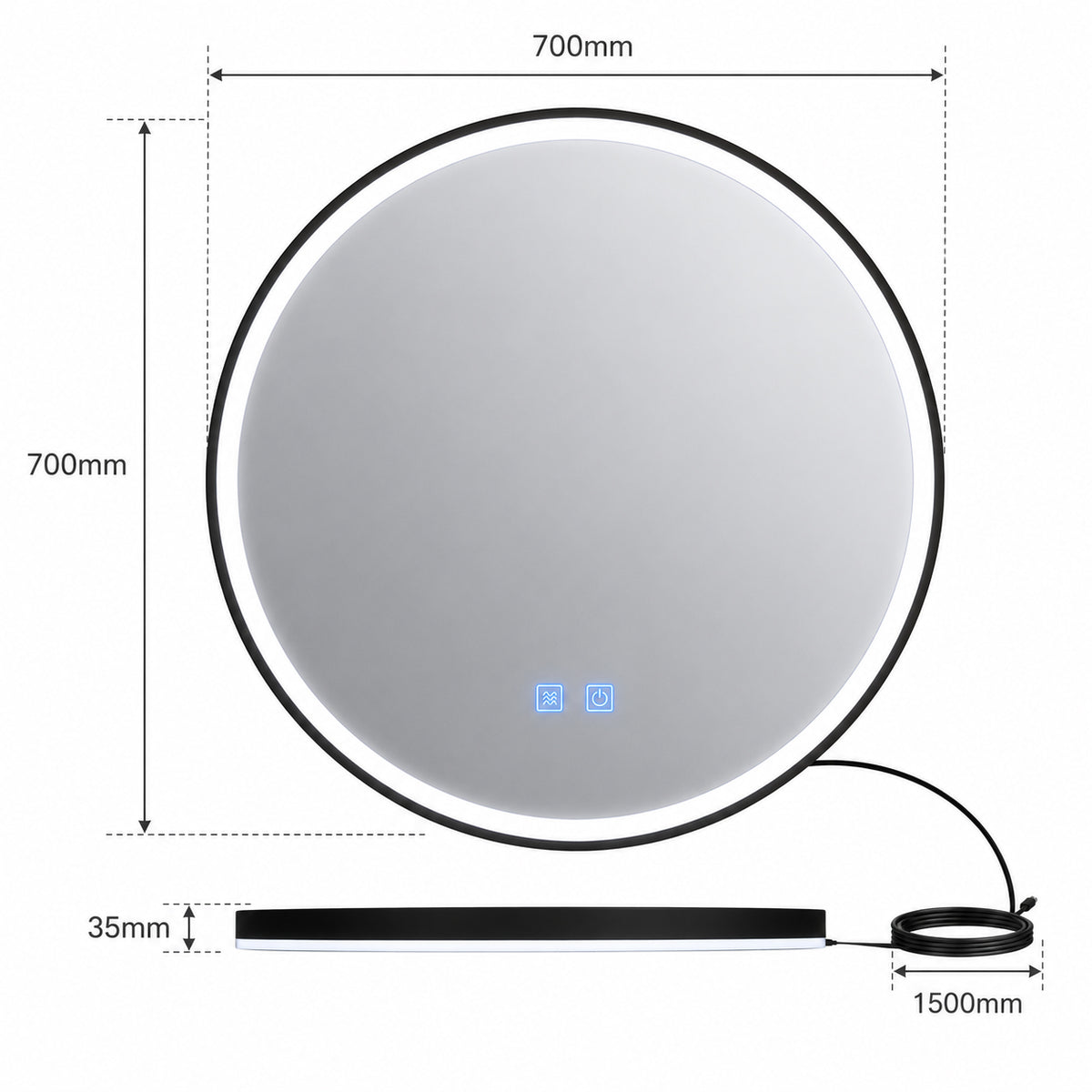 ENER-J Round LED Bathroom Mirror 700mm – Black Aluminium Frame, Backlit, 3 Colour Dimmable Light, Anti-Fog, Touch Sensor