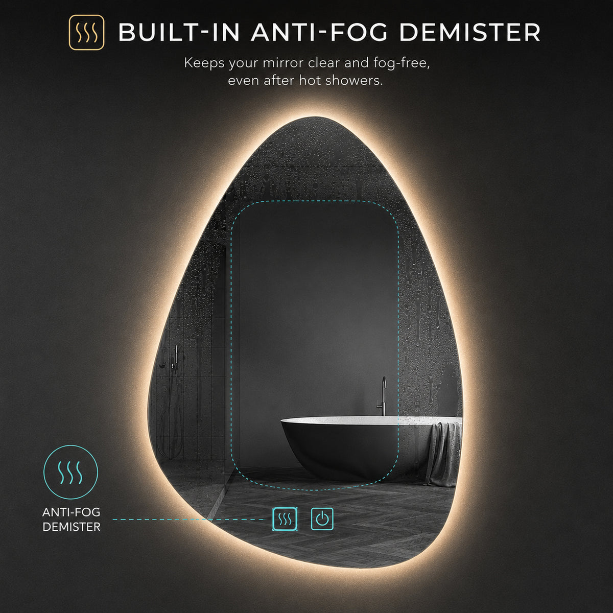 A teardrop-shaped bathroom mirror with warm LED lighting around its edge, shown on a dark background with text reading 'BUILT-IN ANTI-FOG DEMISTER.' The mirror reflects a bathtub scene, and callout icons indicate anti-fog demister functionality.