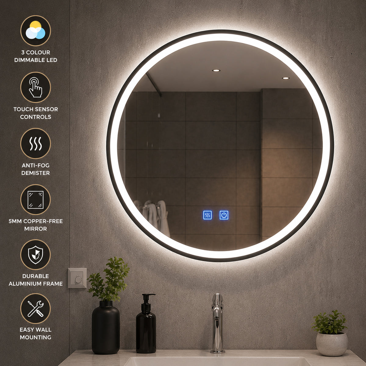 ENER-J Round LED Bathroom Mirror 700mm – Black Aluminium Frame, Backlit, 3 Colour Dimmable Light, Anti-Fog, Touch Sensor