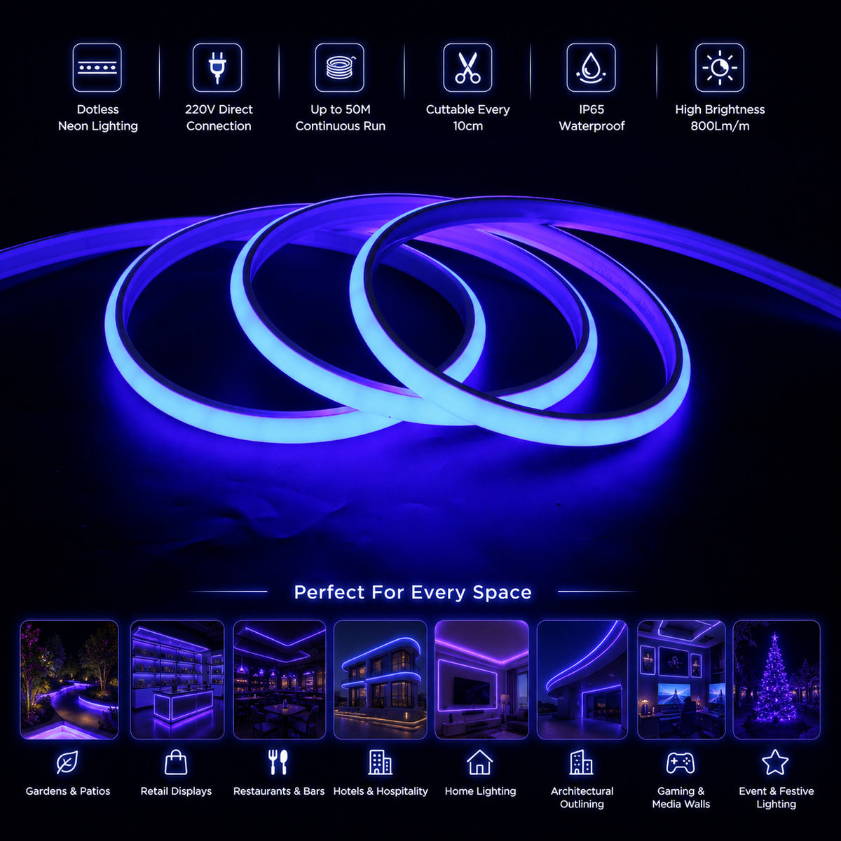 50M FCOB Neon Rope Light Kit, 10W/M, 800Lm/M, Blue