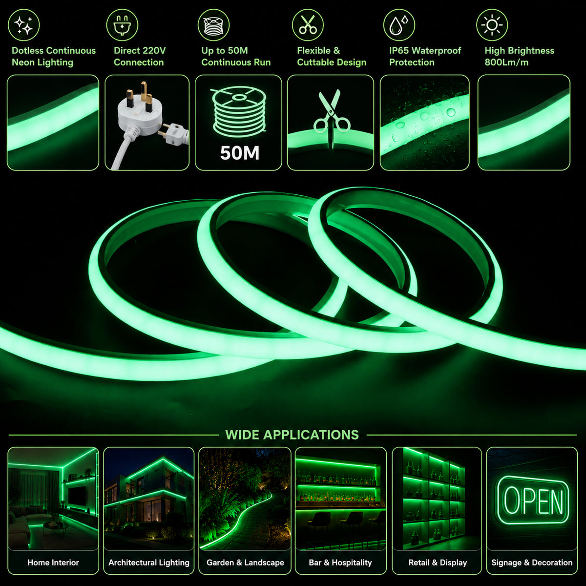 50M FCOB Neon Rope Light Kit, 10W/M, 800Lm/M, Green