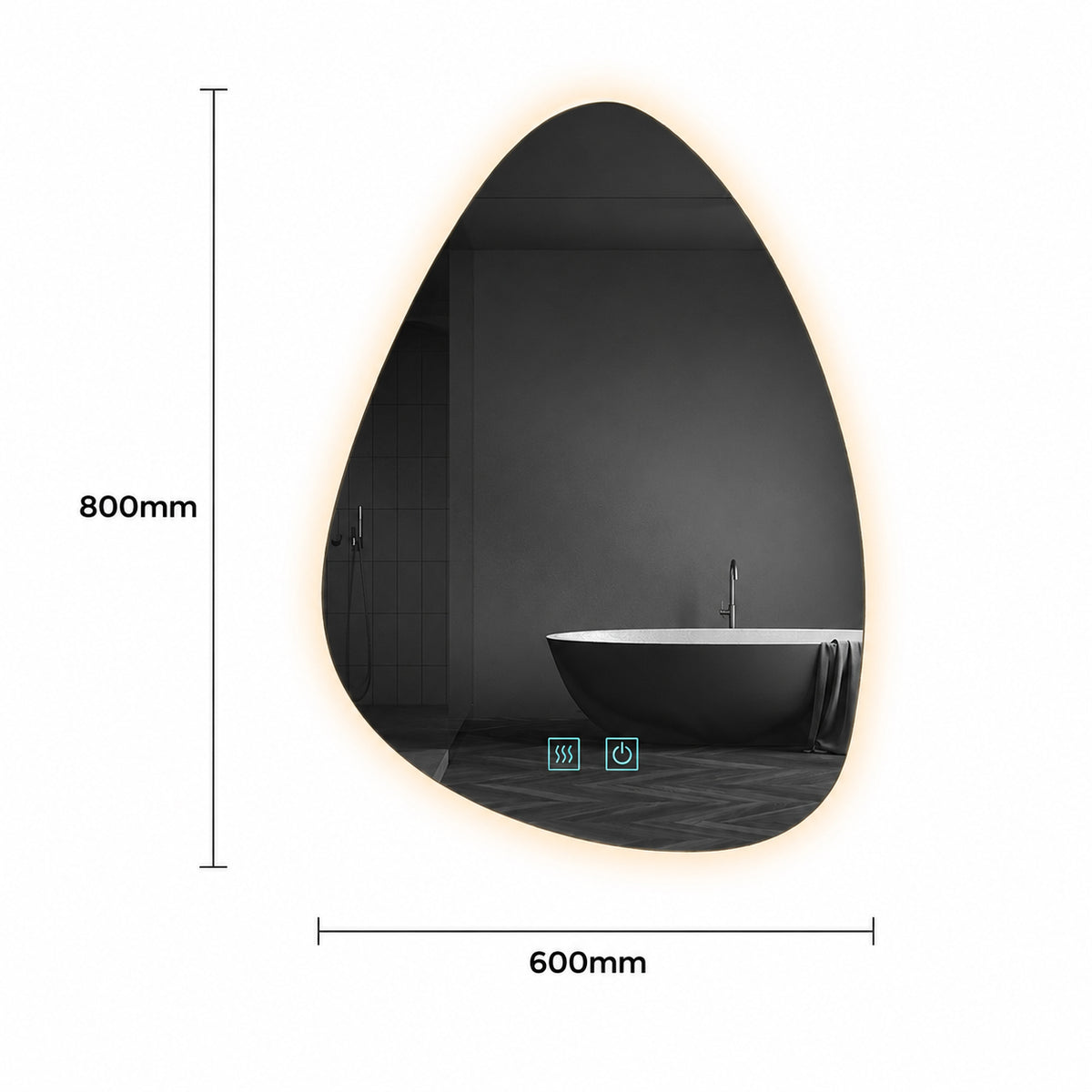 An irregularly shaped black LED-backlit bathroom mirror with dimension markings showing 800mm height and 600mm width, reflecting a modern black bathtub in a dark bathroom.