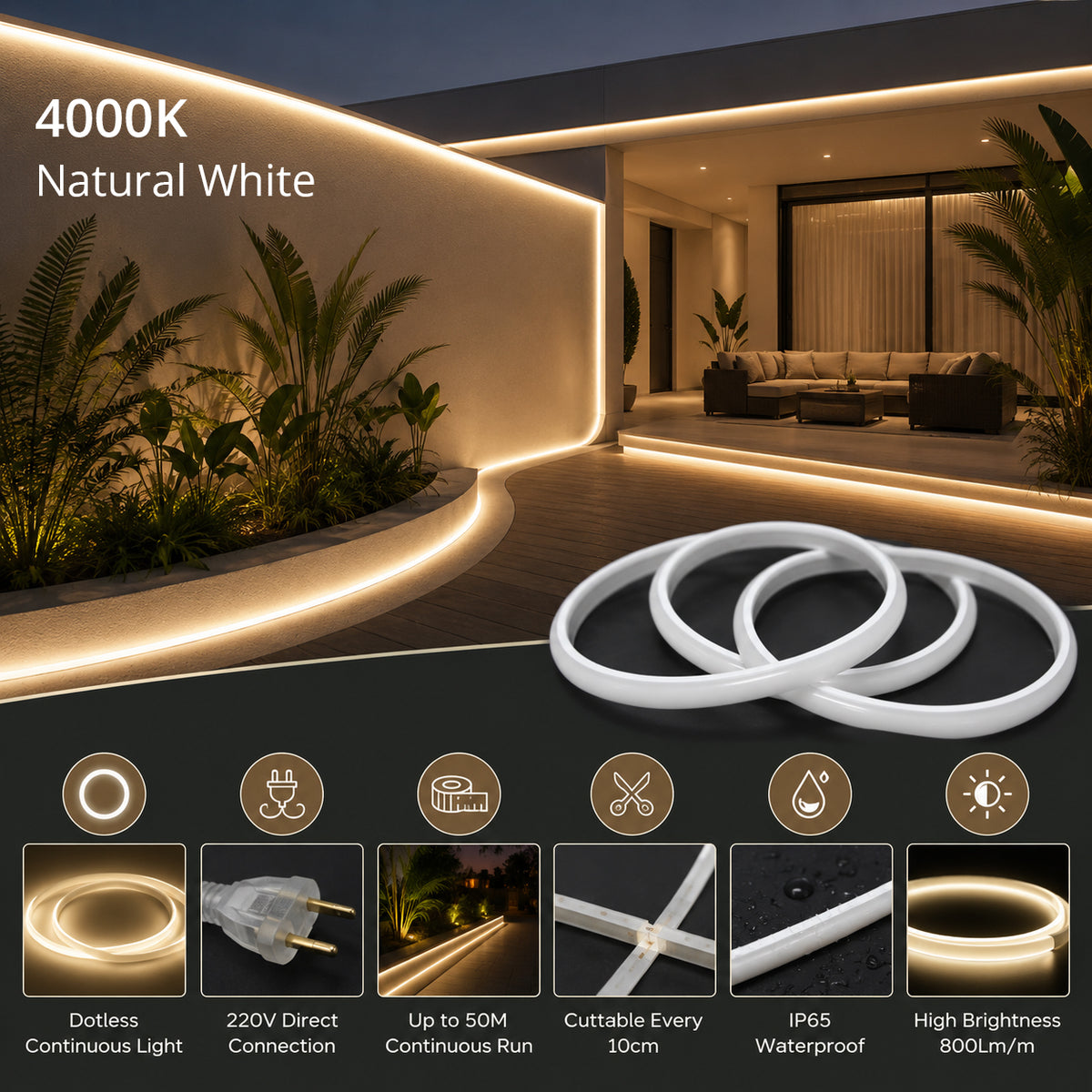 50M FCOB Neon Rope Light Kit, 10W/M, 800Lm/M, 4000K