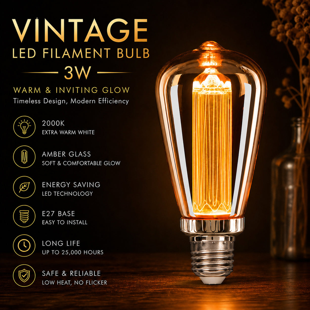 Ener-J ST64 LED Filament Bulb Pack of 4 E27 3W 2000K Vintage Amber