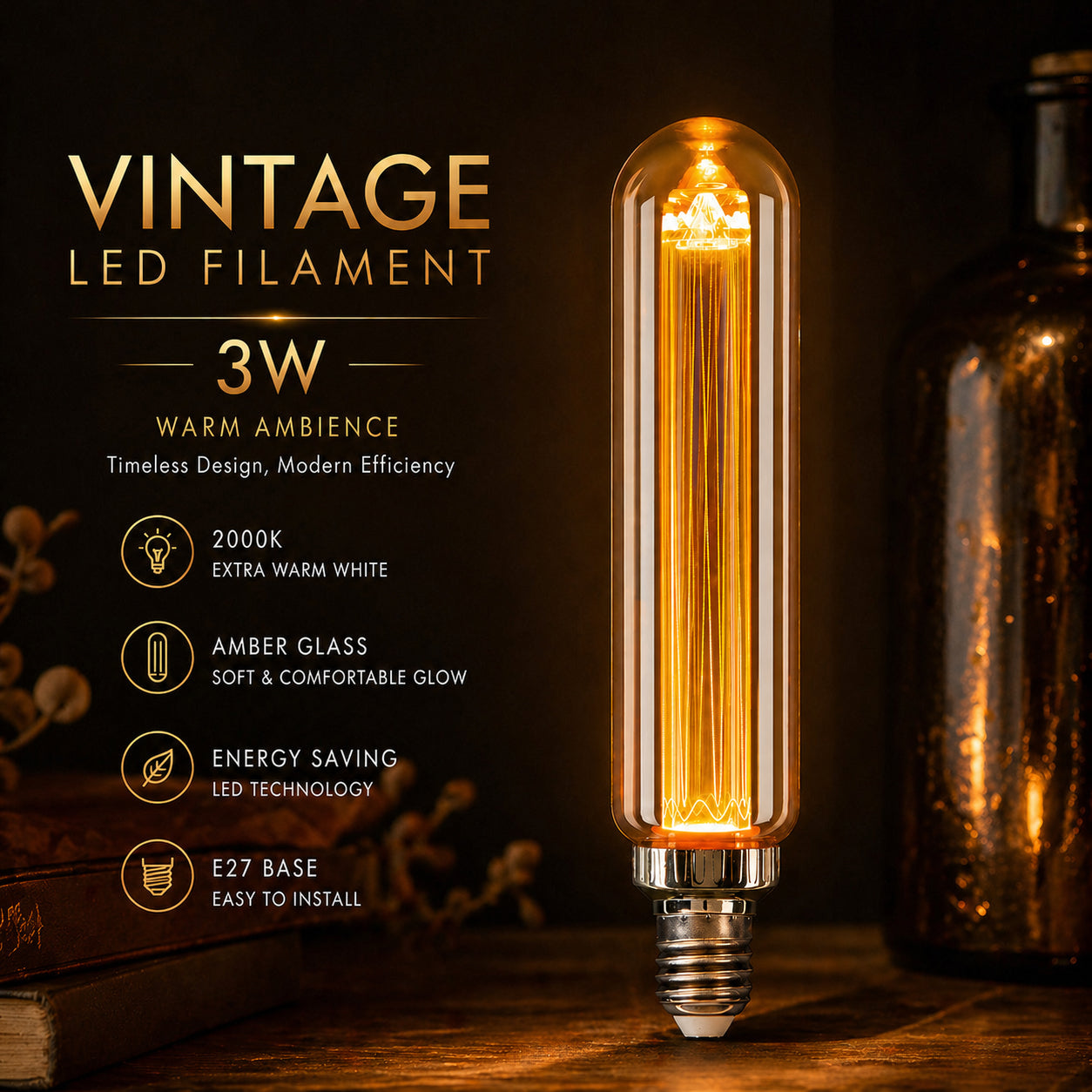 Ener-J T45 LED Filament Tube Bulb Pack of 4 E27 3W 2000K Amber