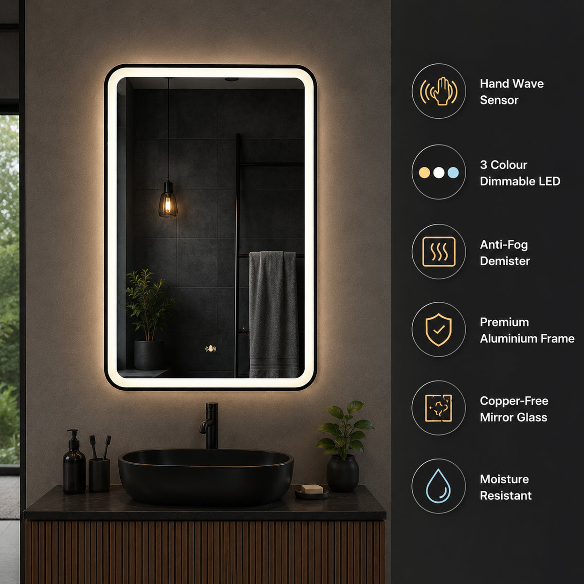 ENER-J Black Framed LED Bathroom Mirror 600x800mm – Hand Wave Sensor, 3 Colour Dimmable Front Light, Anti-Fog Demister, Aluminium Frame