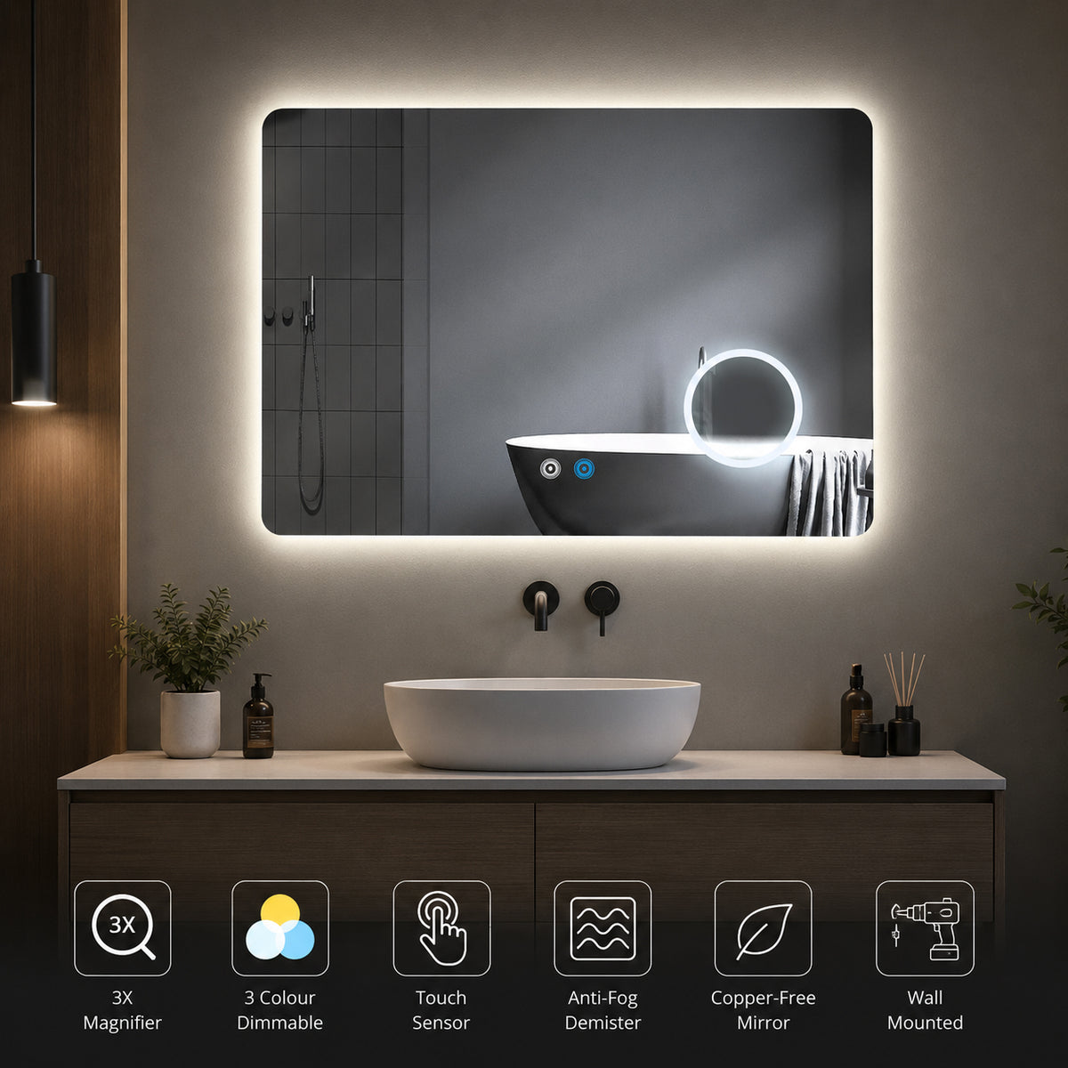 ENER-J LED Bathroom Mirror 800x600mm with 3X Magnifier – Backlit, 3 Colour Dimmable Lighting, Anti-Fog, Touch Sensor