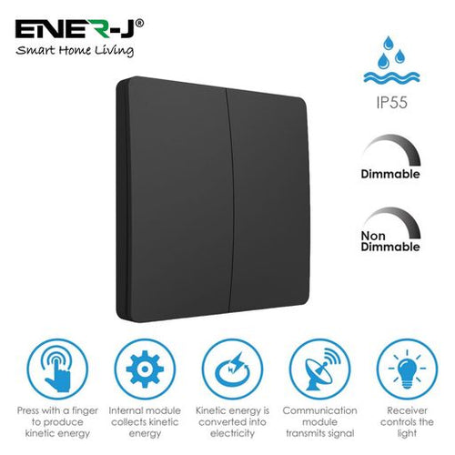2 Gang Wireless Kinetic Switch, (Black Finish) + 2 x  500W RF Receiver