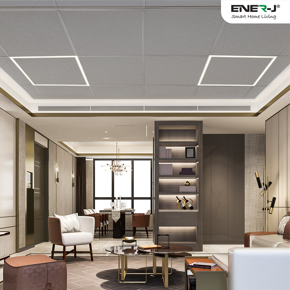 Modern home interior with LED borderline panel ceiling lights for luxury living room and contemporary indoor lighting