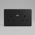 An open IP66 waterproof outdoor double UK plug socket in a grey weatherproof plastic enclosure with dual clip locks, isolated on a clean white studio background.