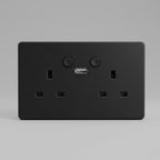 An open IP66 waterproof outdoor double UK plug socket in a grey weatherproof plastic enclosure with dual clip locks, isolated on a clean white studio background.