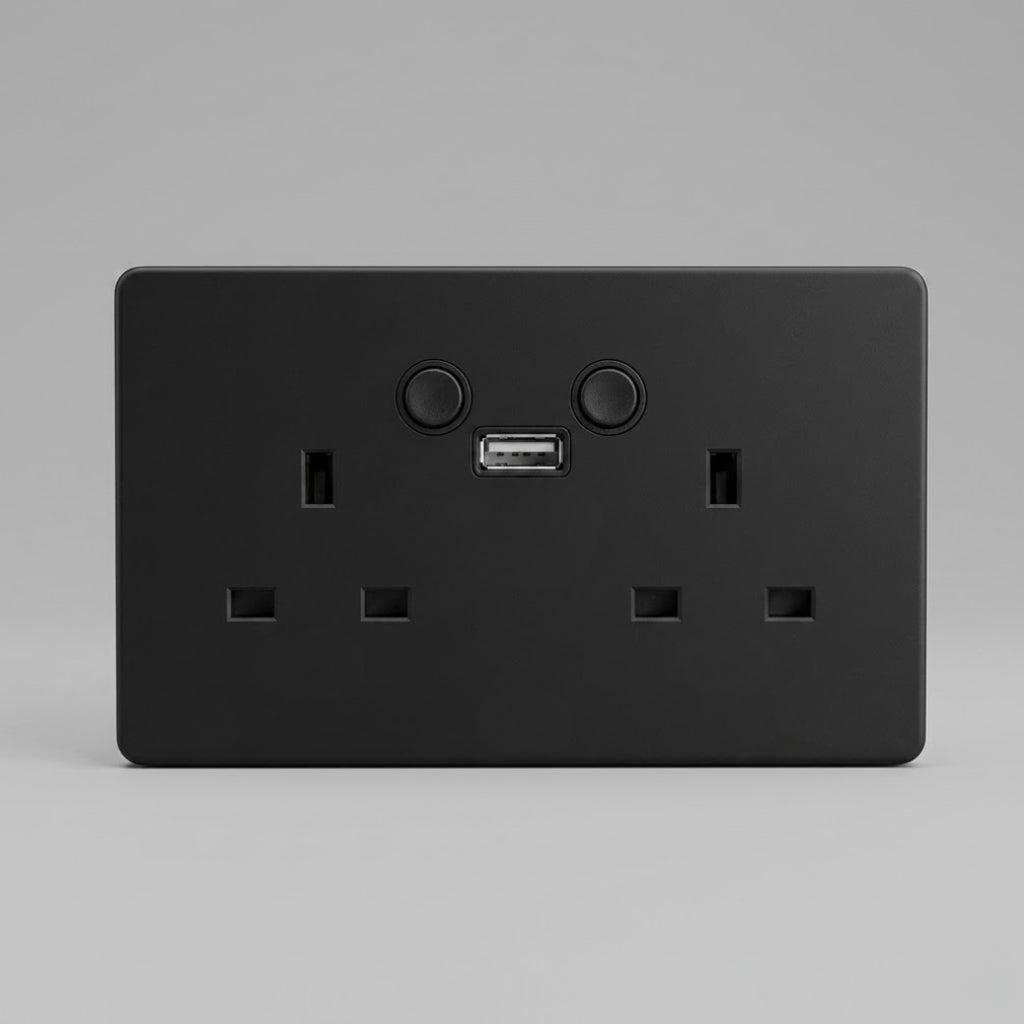 An open IP66 waterproof outdoor double UK plug socket in a grey weatherproof plastic enclosure with dual clip locks, isolated on a clean white studio background.
