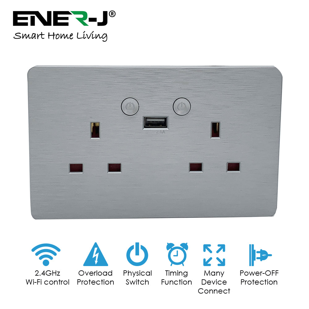 Primary Socket Smart Wi-Fi 13A Wi-Fi Twin Wall Sockets with 1 USB Ports (Silver Brush ...