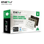Side-angle packaging box of ENER-J smart double wall socket with USB charging and WiFi control