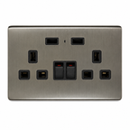 Front view of ENER-J smart 13A double wall socket with dual USB ports in black brushed finish