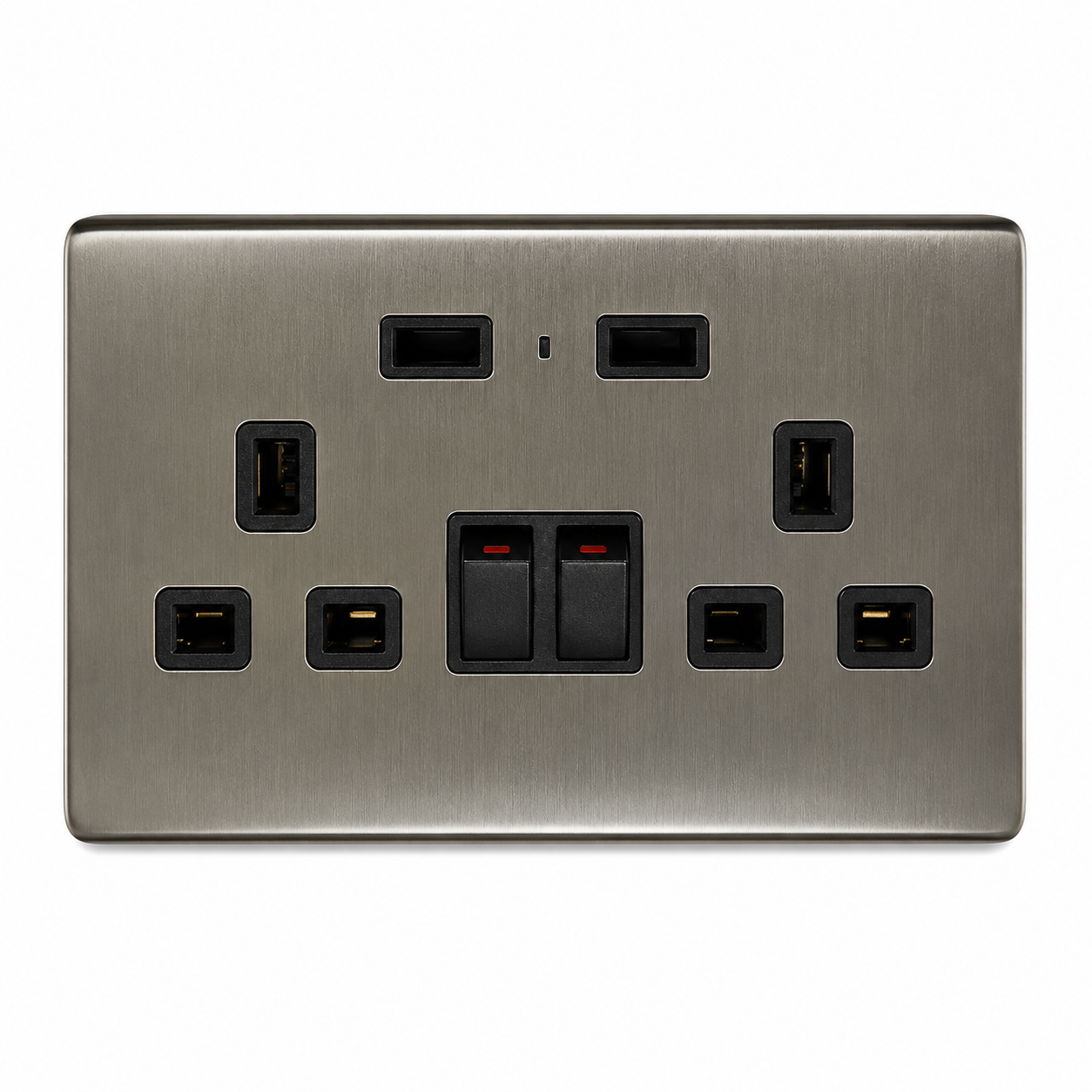 Front view of ENER-J smart 13A double wall socket with dual USB ports in black brushed finish