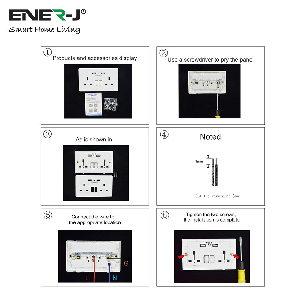 Step by step installation guide for ENER-J smart double wall socket with USB ports