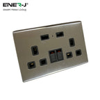 Angled view of ENER-J smart double wall socket with USB charging ports in black brushed finish
