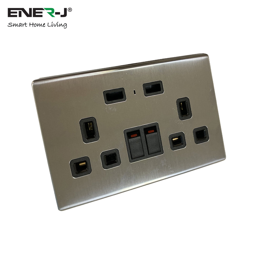 Angled view of ENER-J smart double wall socket with USB charging ports in black brushed finish