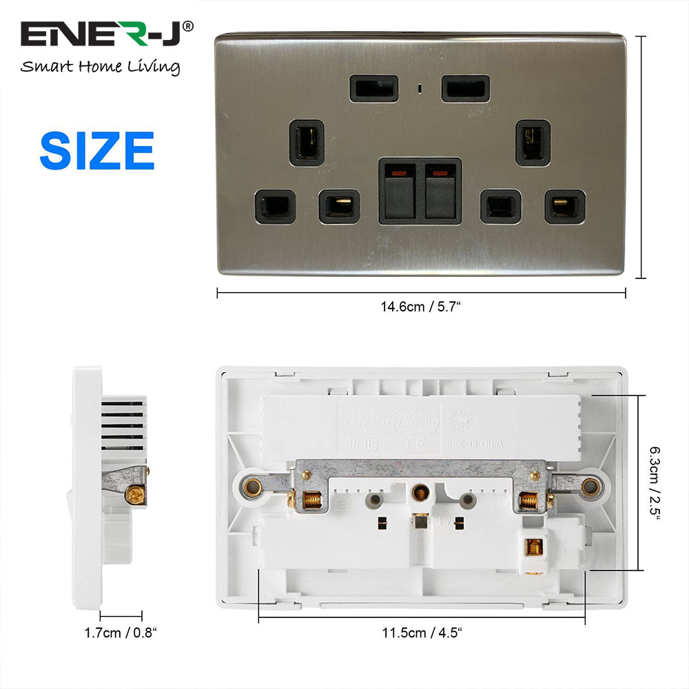 Dimensions and size guide of ENER-J smart double wall socket with USB charging ports