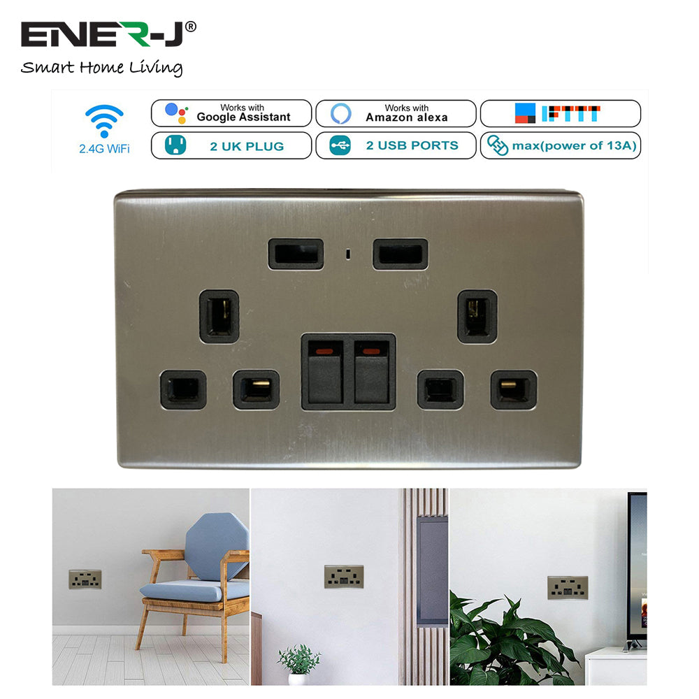 ENER-J smart WiFi double wall socket with 2 USB ports compatible with Alexa Google Assistant and IFTTT for smart home automation