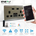 Front view of ENER-J smart 13A double wall socket with dual USB ports in black brushed finish