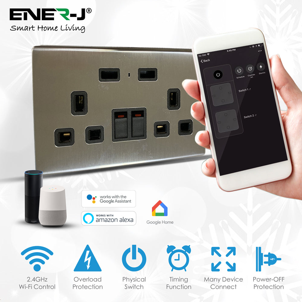 Front view of ENER-J smart 13A double wall socket with dual USB ports in black brushed finish