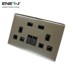 Perspective side view of smart WiFi double wall socket with USB ports and brushed black finish