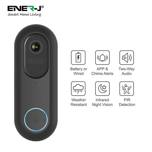 Ener-J Flexi Smart Video Doorbell, 1080p HD, Wired or Wireless Battery Powered, Indoor USB Chime