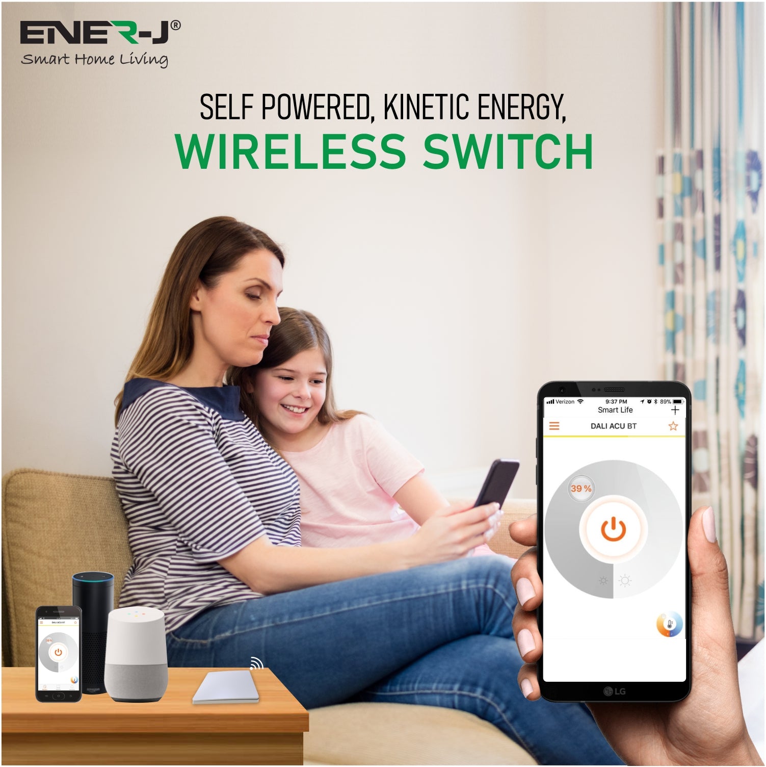 ENERJ 1-Gang Wireless Kinetic Switch & 100W WiFi Dimmable Receiver Kit, White