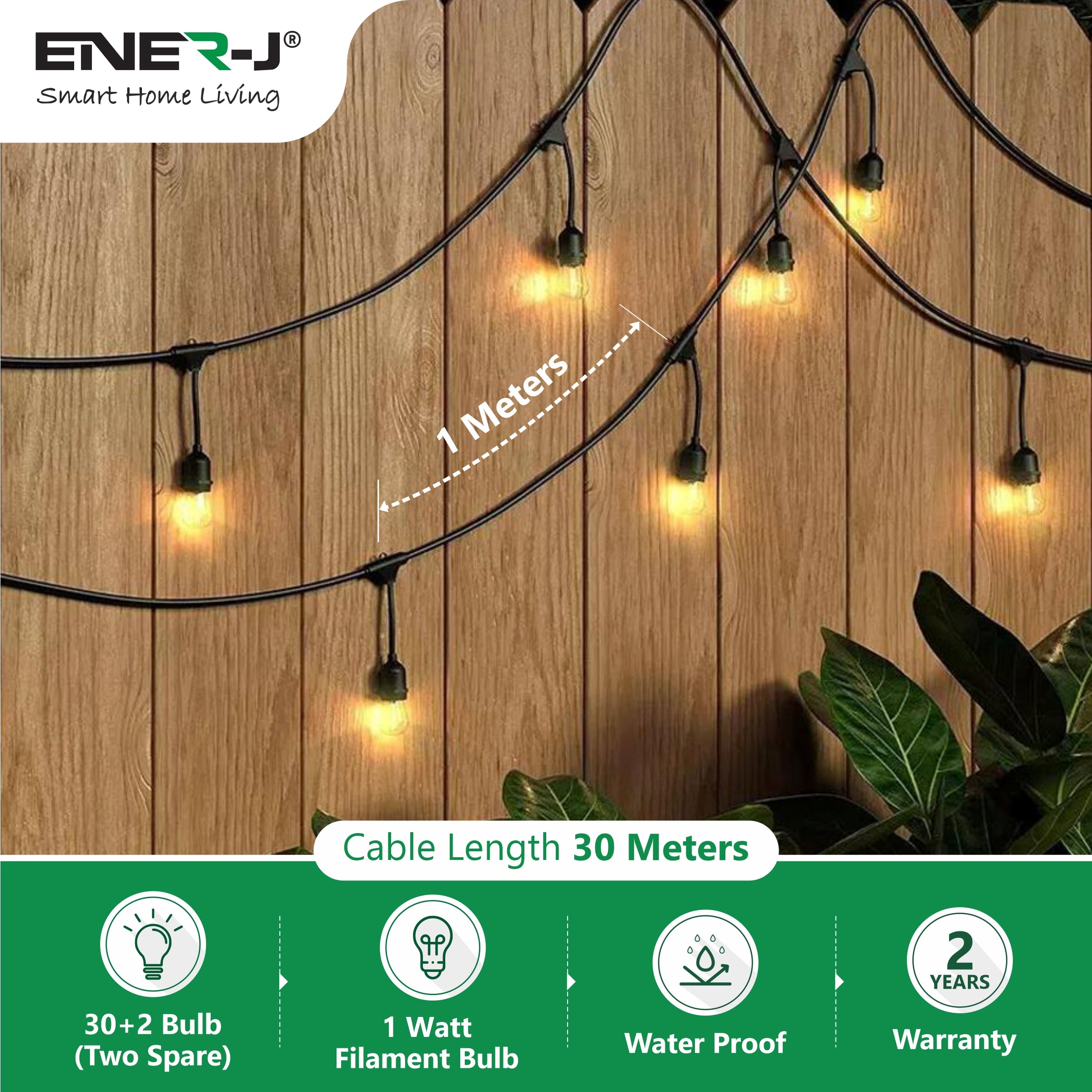 Ener-J 100ft LED Filament String Light Kit, 30 x 1W Vintage LED Bulbs, IP65 Waterproof, 30m Length