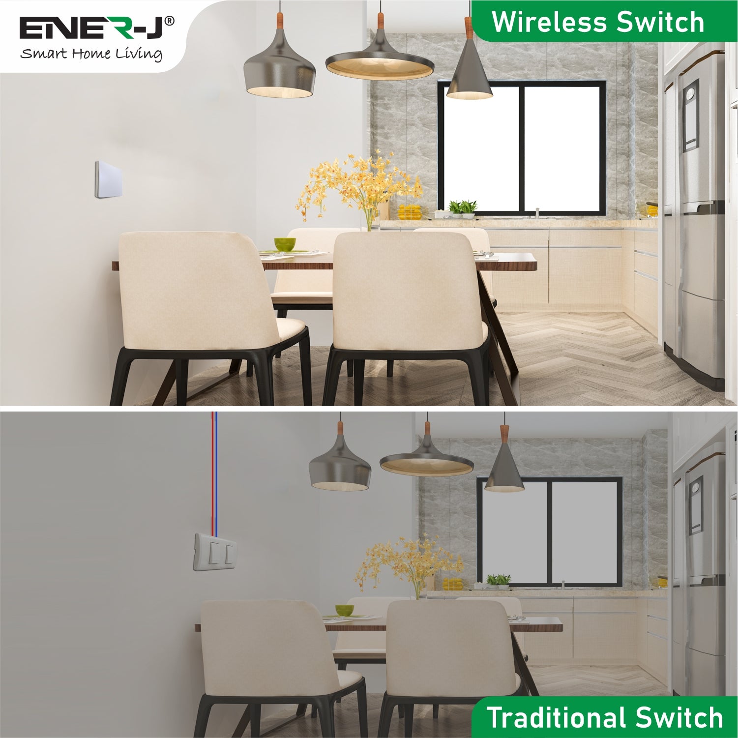 Wireless Light Switch Kit, 1 Gang Switch & a 100W RF Dimmable Receiver, Simple & Wireless and Battery-Free Switch, Long Range receiver