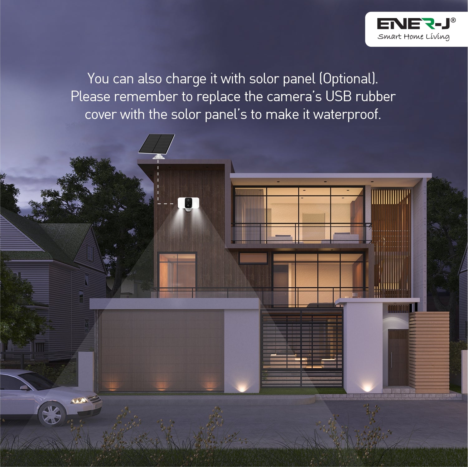 ENER-J 5W Crystal Cell Solar Panel Charger, High-Efficiency IP65 Waterproof Outdoor Power Supply with 3m Cable for ENER-J SHA5344 Wireless Floodlight Camera