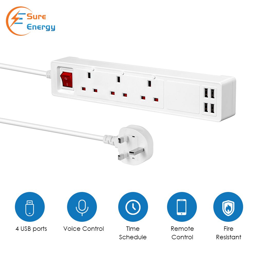 Smart Power Extension Lead, 3 AC Outlets & 4 DC USB Port Compatible With Alexa & Google Assistant, App Remote Separate or Group Control Your Appliance