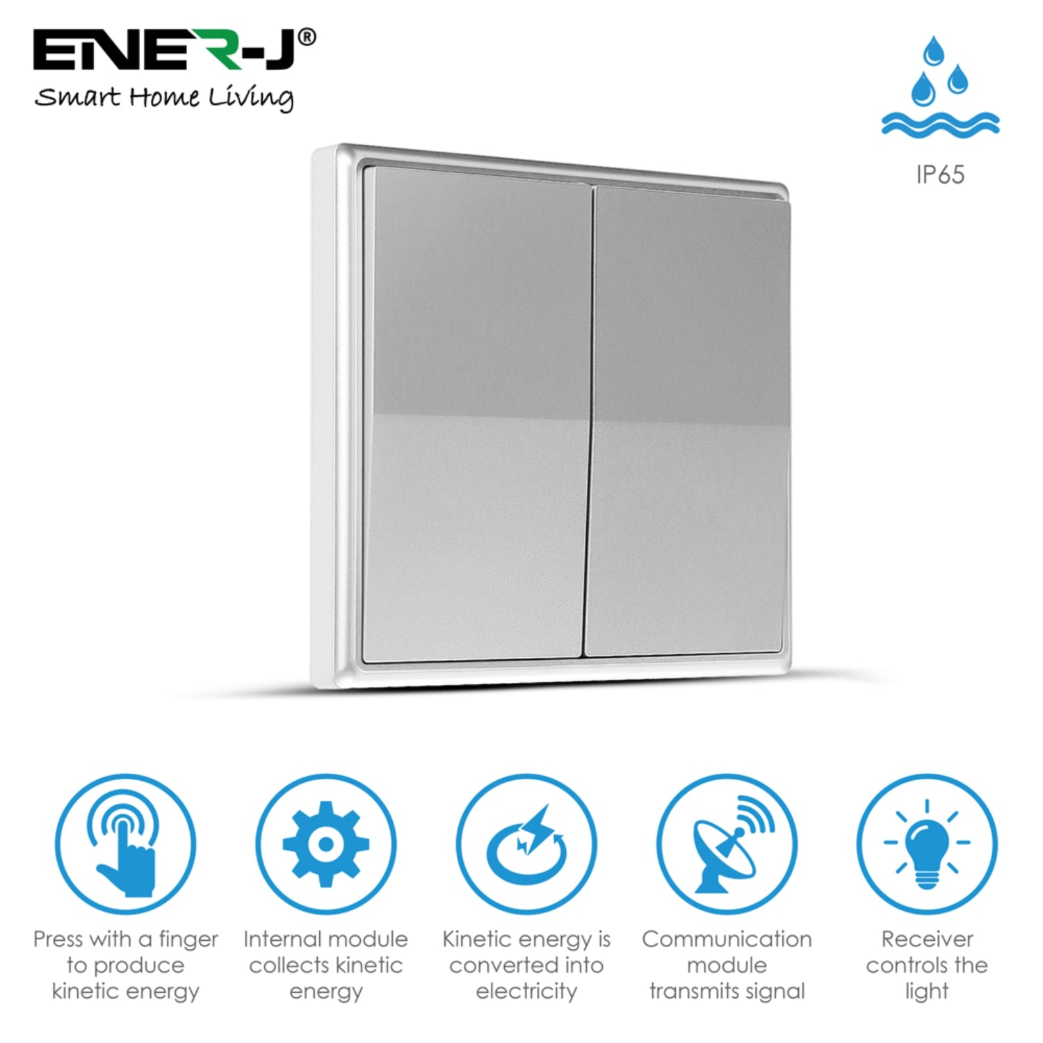 ENER-J 2 Gang Wireless Kinetic Switch Non Dimmable (silver body) + 2 x 500W RF Receiver