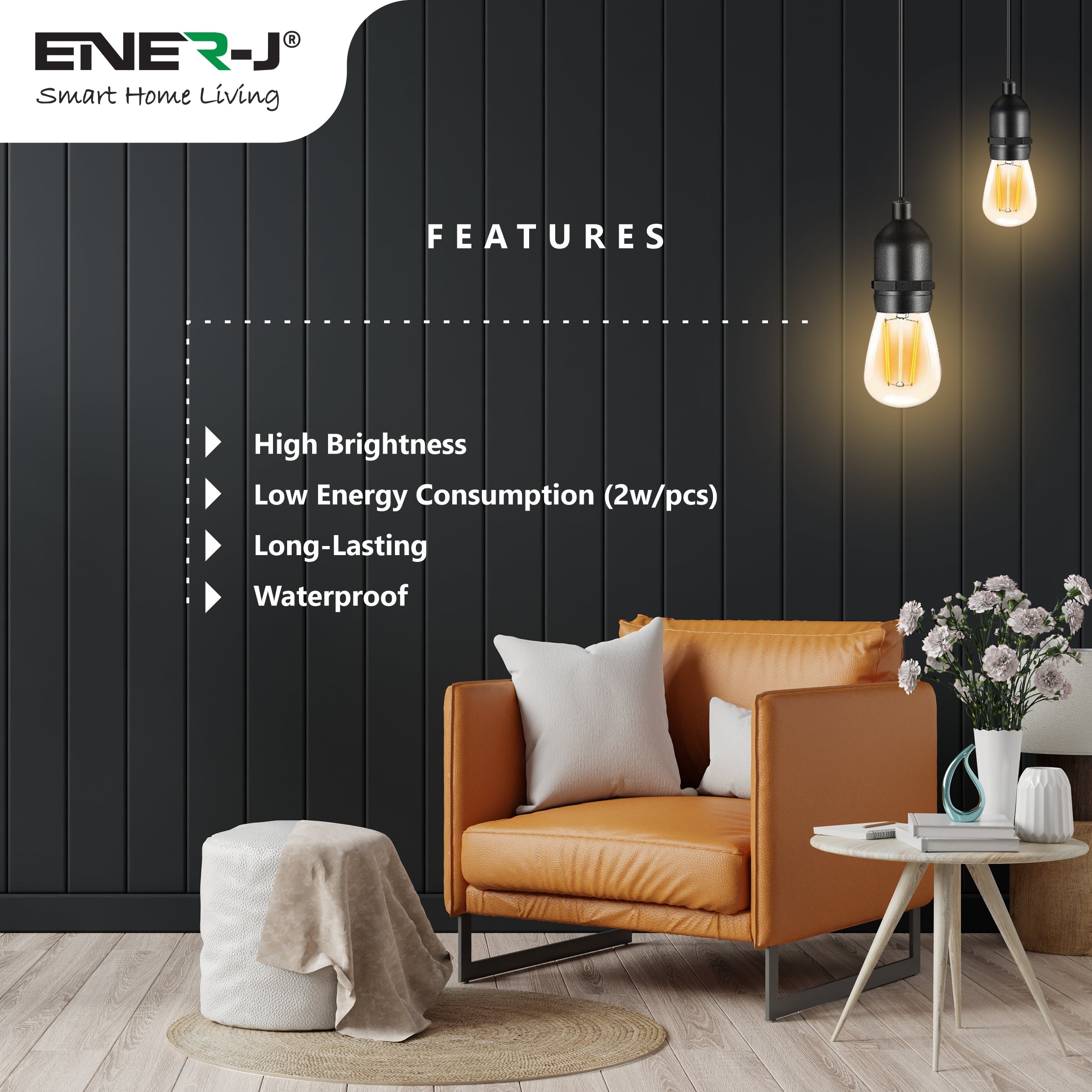 Ener-J 48ft LED Filament String Light Kit, 15 x 2W Vintage LED Bulbs, IP65 Waterproof