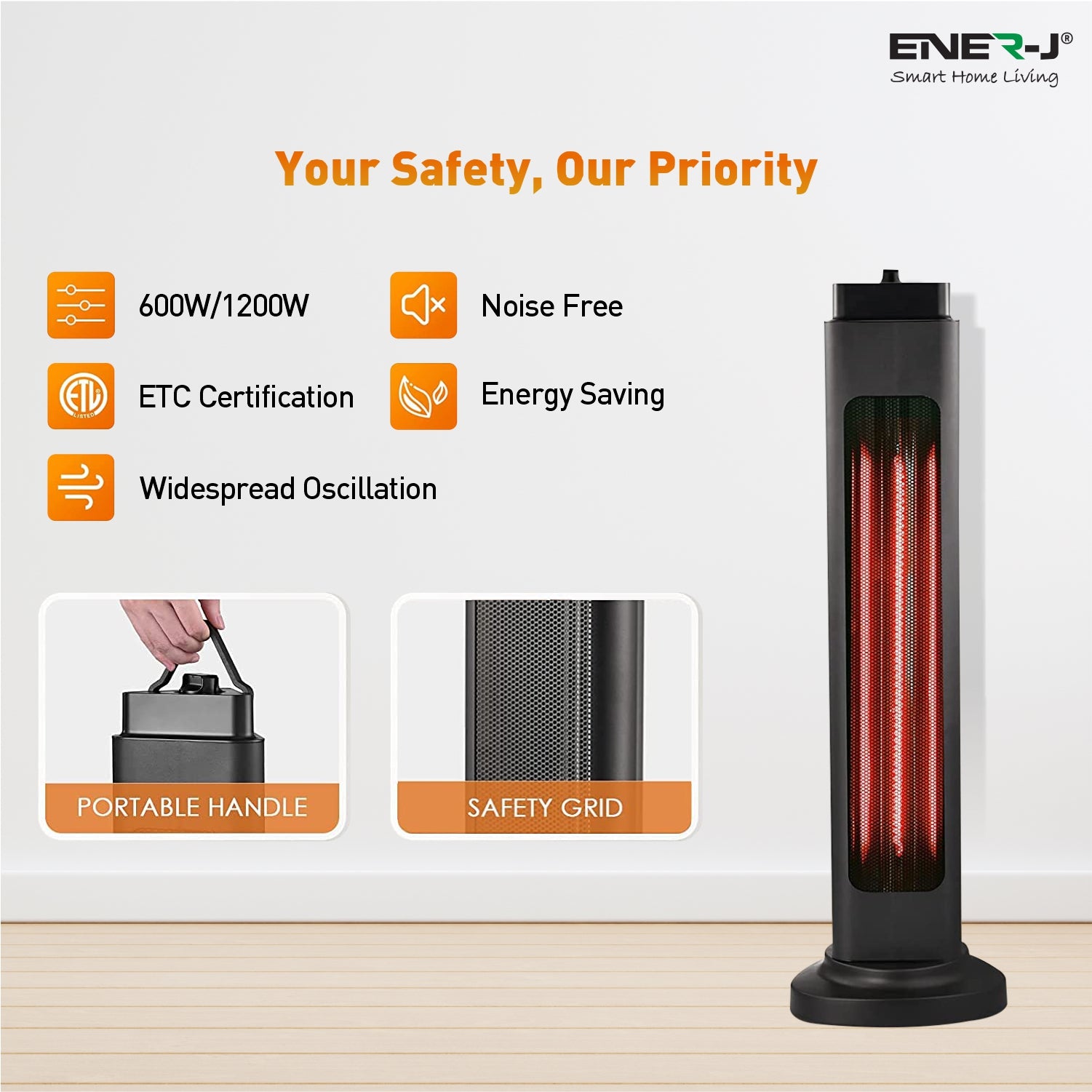 ENER-J 1200W Portable Infrared Heater, Dual 600W/1200W Carbon Tube Space Heater with Oscillation, IP34 Rated, Energy Efficient Electric Heater for Home & Office