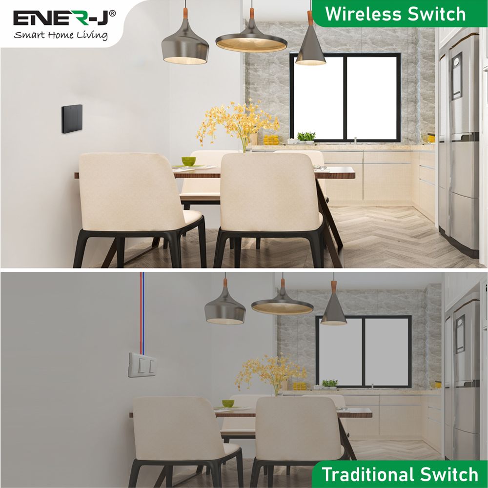 Wireless Kinetic 3 Gang Switch ECO SERIES (Black body), No Wiring, No Batteries, No Drilling Holes