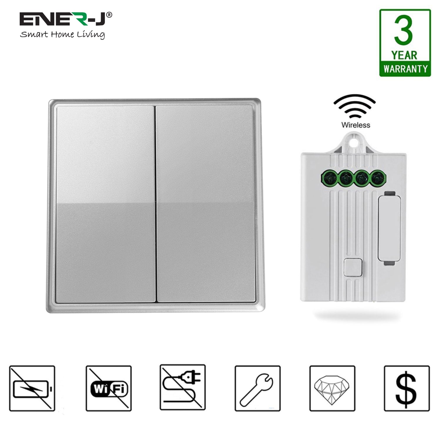 ENER-J 2 Gang Wireless Kinetic Switch Non Dimmable (silver body) + 2 x 500W RF Receiver