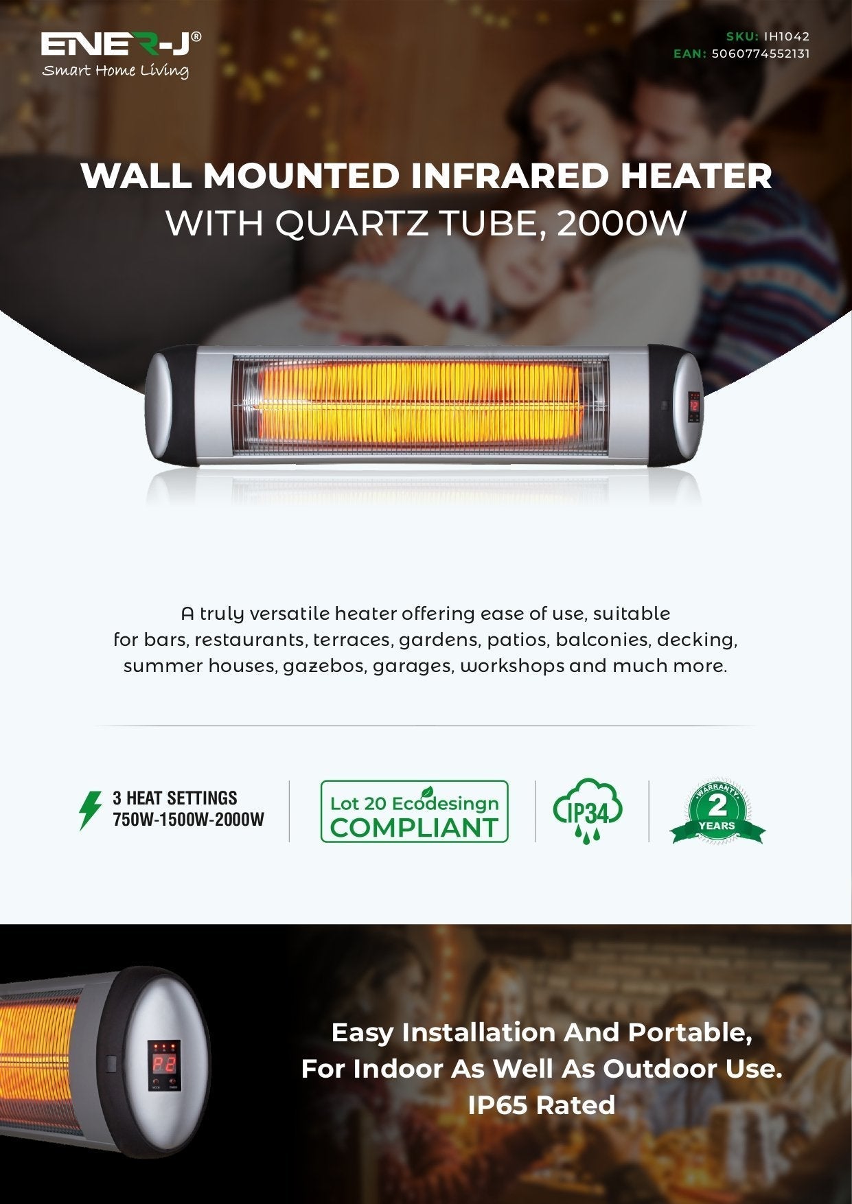 ENER-J 2000W Infrared Patio Heater – Wall Mounted Outdoor Electric Hea