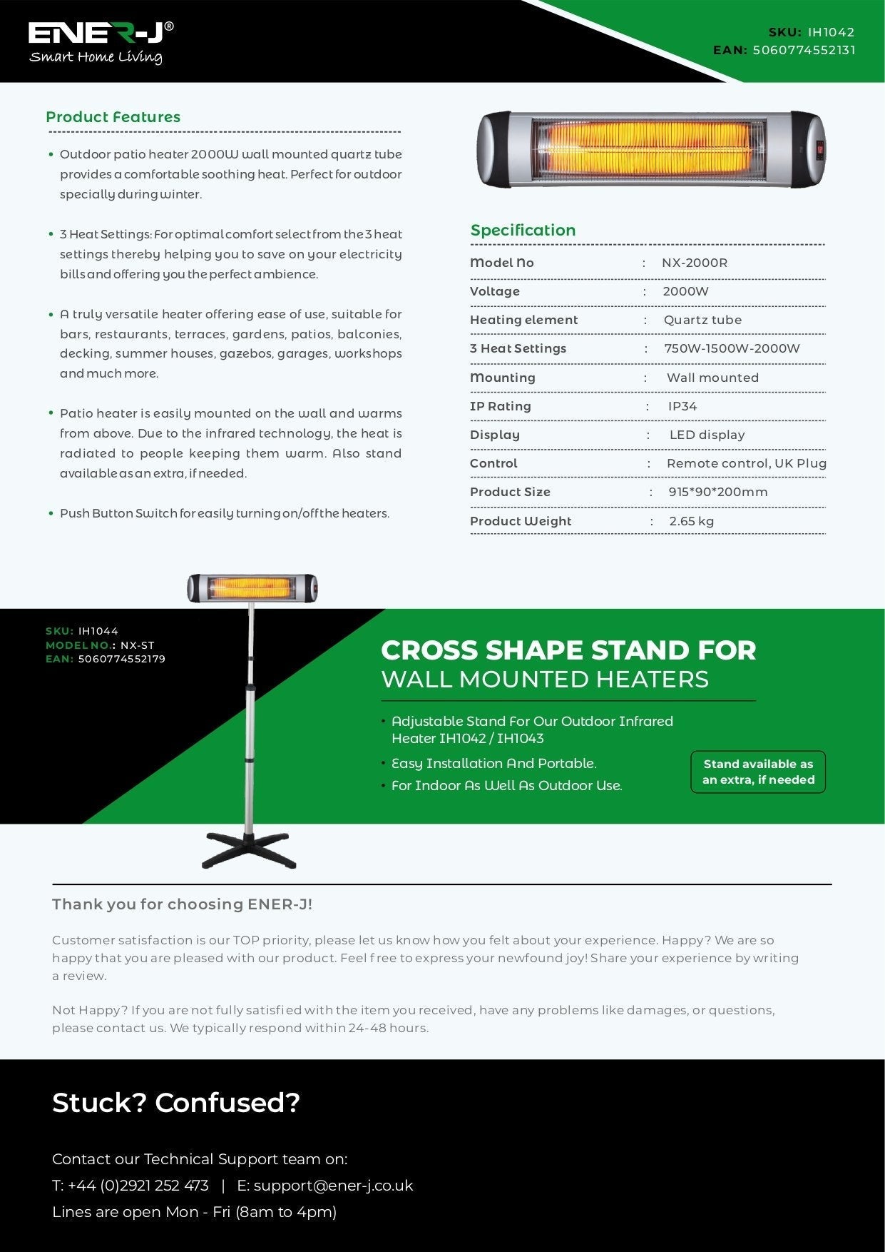 2000W IP34 Wall mounted Patio Heater with Quartz Tube with LED display and 3 Heat Settings - ENER-J Smart Home