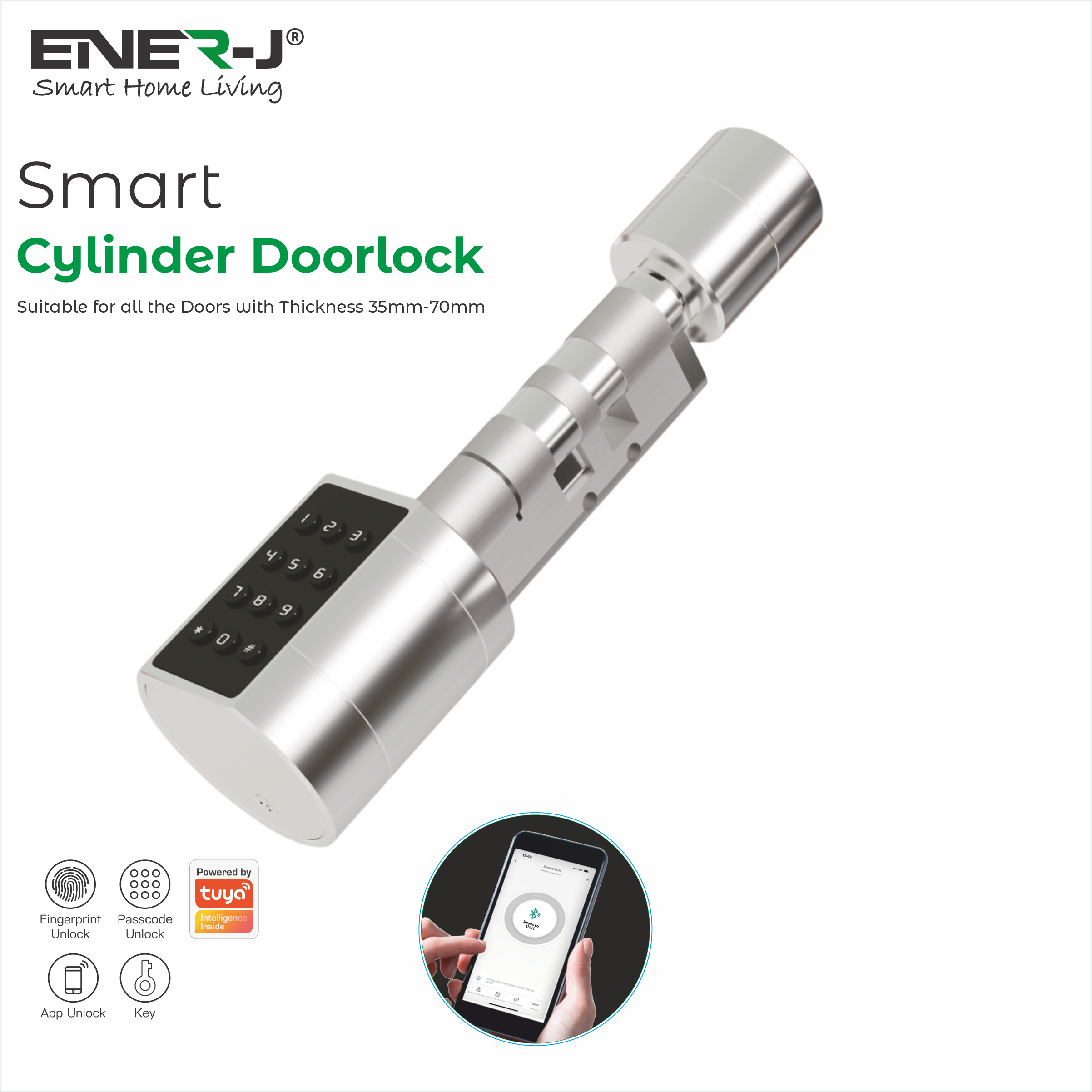 Ener-J Smart Adjustable Bluetooth Cylinder Door Lock, Fingerprint, Keypad & App Control, IP55