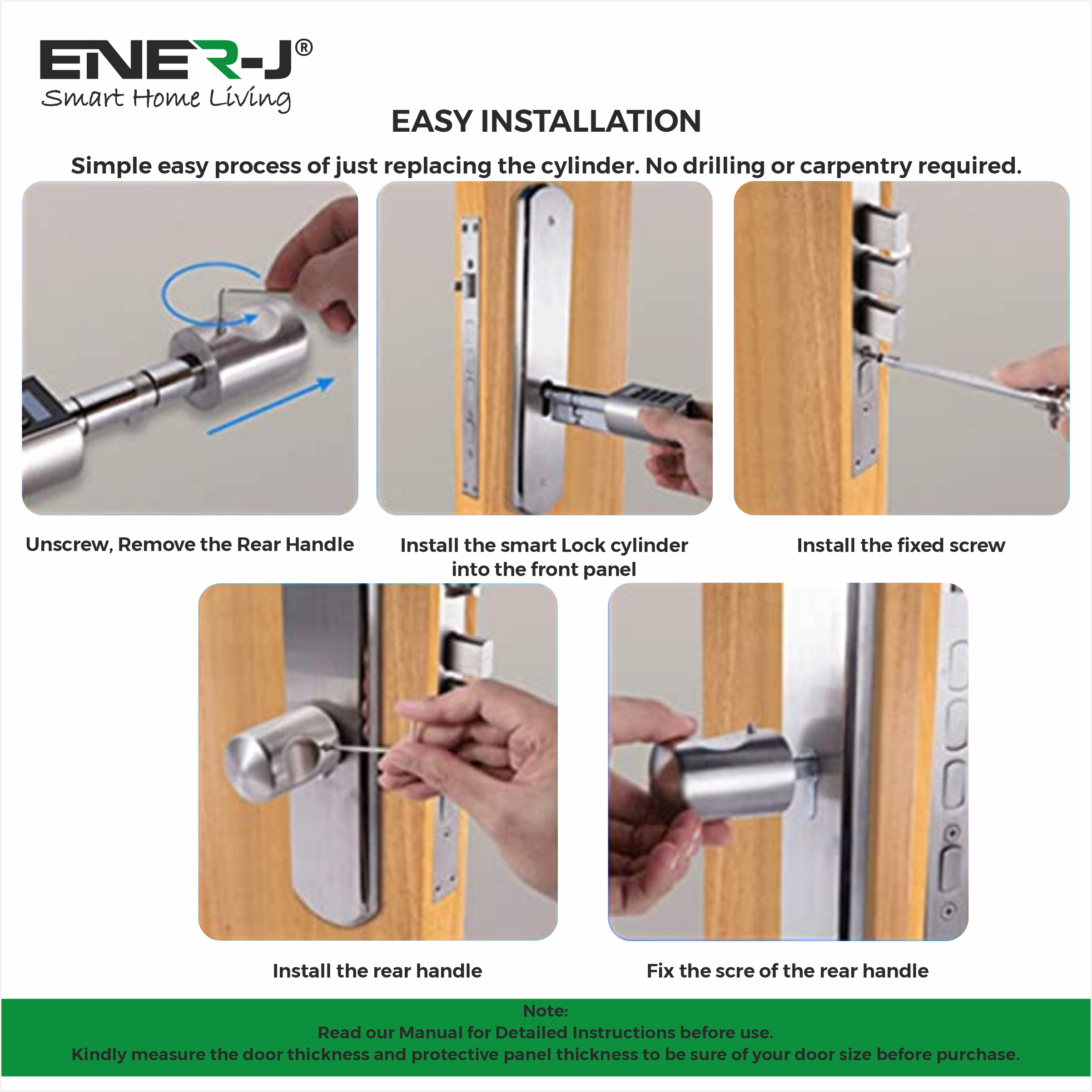 Ener-J Smart Adjustable Bluetooth Cylinder Door Lock, Fingerprint, Keypad & App Control, IP55