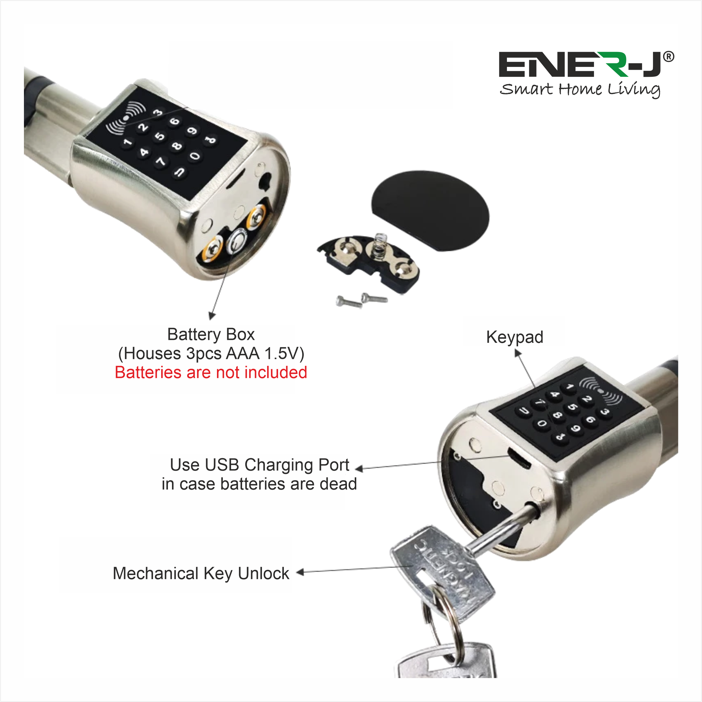 Ener-J Smart Adjustable Bluetooth Cylinder Door Lock, Fingerprint, Keypad & App Control, IP55