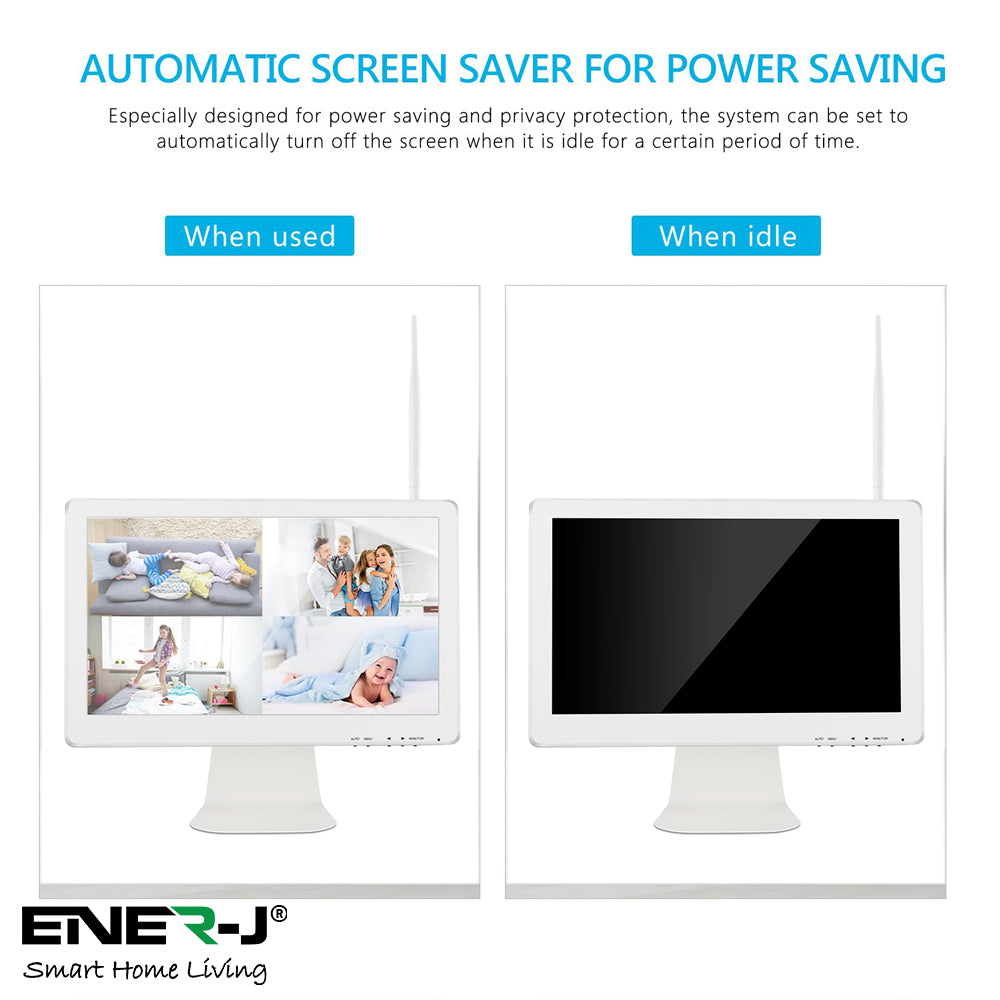 ENER-J 8CH Wireless CCTV Kit with 15.6" Full HD IPS Monitor, 1TB HDD, 1080P Outdoor Cameras with Audio & PIR Motion Detection, Plug & Play Home Security System