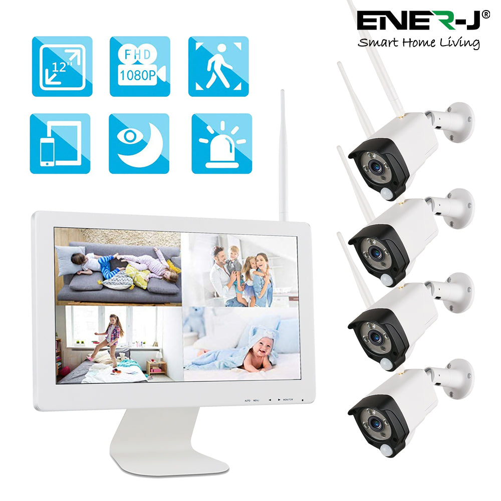 ENER-J 8CH Wireless CCTV Kit with 15.6" Full HD IPS Monitor, 1TB HDD, 1080P Outdoor Cameras with Audio & PIR Motion Detection, Plug & Play Home Security System